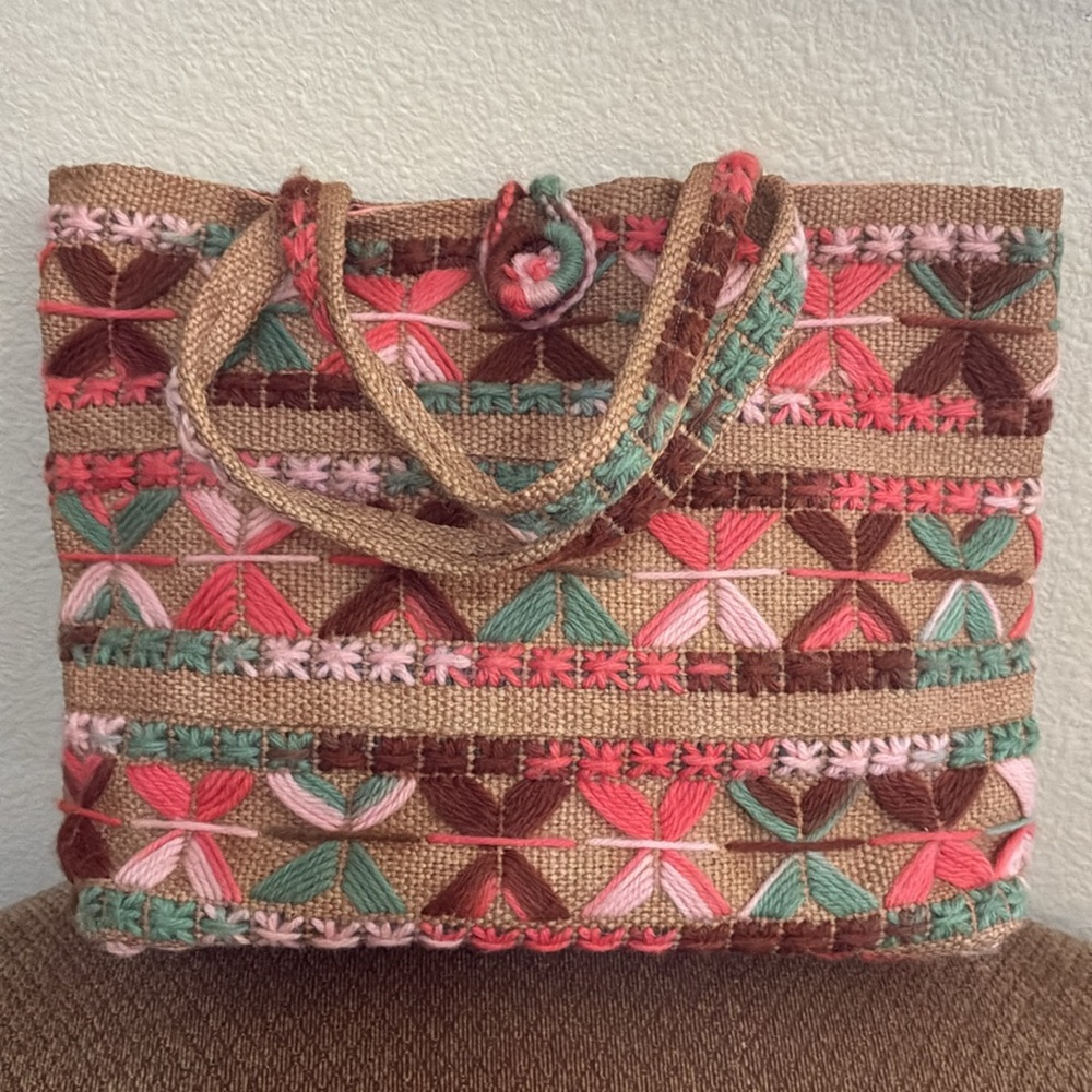 Vintage Boho Jute Embroidered Yarn Detail Tote